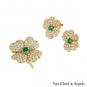 Van Cleef & Arpels Cosmos Diamond Emerald Brooch and Earrings 10.52ct G/VS
